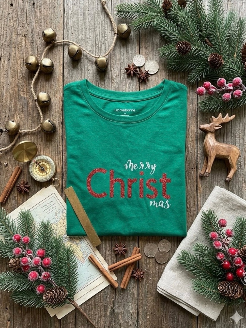 Liz Claiborne Glitter Merry Christ mas Christian Green T Shirt Size Large